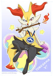 2016 anthro black_body black_fur braixen canid censored conditional_dnp crotch_tuft female flat_chested front_view fur genitals ineffective_censorship inner_ear_fluff looking_at_viewer loupgarou mammal nintendo nipples pokémon_(species) pokemon pokemon_(species) presenting presenting_pussy pussy reclining solo stick text tuft video_games white_body white_fur