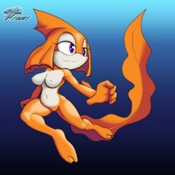 1:1 2019 anthro archie_comics breasts coral_the_betta female fin fish fours_(artist) genitals hi_res marine membrane_(anatomy) non-mammal_breasts orange_body orange_skin purple_eyes pussy solo sonic_(series) sonic_the_hedgehog_(archie) sonic_the_hedgehog_(comics) sonic_the_hedgehog_(series) swimming underwater water webbed_feet