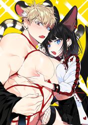 1boy 1girls abs bat_ears bat_girl bat_wings big_breasts big_pecs bitch_bara black_hair blonde_hair blush bondage breast_grab breast_squeeze chest_grab clothed_female_nude_male crop_top dominant_female earrings erect_nipples femdom hybrid looking_at_viewer male_focus man_boobs midriff miniskirt nipple_pinch nipple_play nipple_squeeze oerba_yun_fang open_mouth original pec_grab pecs pleated_skirt puffy_nipples red_eyes rope_bondage rope_harness small_dom_big_sub straight submissive_male tail tiger_boy tiger_ears tiger_tail tokumei