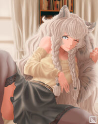 1girls animal_ear_fluff animal_ears arknights beige_sweater belt black_skirt black_thighhighs bookshelf braid braided_hair cat_ears cat_girl cat_tail catgirl female fluffy_tail gray_eyes grey_nails large_breasts leather_belt legs_apart long_hair long_sleeves one_eye_closed painted_nails pramanix_(arknights) silver_eyes skirt snow_leopard_spots spread_legs sweater white_hair