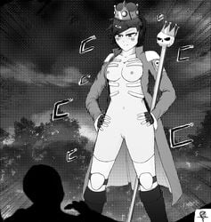 2spooky4me boots bottomless comic crown dialog fingerless_gloves halloween jack_woods jacket_open jackie_woods monochrome_background naked power_pose rule_63 skeleton staff ゴゴゴゴゴ