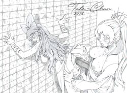 2girls black_and_white blake_belladonna faunus female futa_on_female futanari human ripped_clothing rwby tabe-chan weiss_schnee