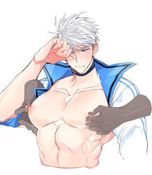 1boy bara bara_tiddies bara_tits big_breasts big_pecs bitch_bara blush choker covering_face crying disembodied_hand erect_nipples gay grabbing_from_behind gritted_teeth groping_from_behind looking_away male_only muscular muscular_male nipple_pinch nipple_play nipple_tweak open_shirt original pecs puffy_nipples solo_male tokumei white_hair yaoi