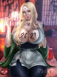 1girls 2021 bare_shoulders big_breasts blonde_hair body_writing breasts brown_eyes cleavage clothing facial_mark female female_only forehead_mark haori huge_breasts kimono lipstick long_hair looking_at_viewer makeup naruto naruto_(series) naruto_shippuden pants parted_lips sash short_kimono sitting tied_hair tsunade twintails xxxone_samaxxx