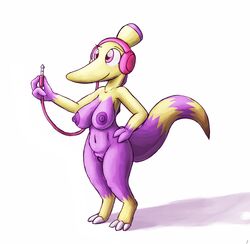 anthro areola big_areola big_breasts big_nipples breasts curvy_figure female genitals hand_on_hip headphones holding_object navel nintendo nipples paraboom pink_eyes pokémon_(species) pokemon pokemon_uranium purple_nipples purple_pussy pussy simple_background smile solo standing tg-0 voluptuous white_background wire