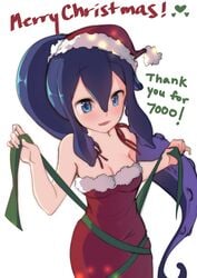 christmas christmas_hat christmas_outfit colored_sketch dress highres lewdishsnail oc one_piece_dress original original_character ribbon ribbon_bondage ribbons santa_claus_(cosplay) santa_costume santa_dress santa_hat sketch squid squid_girl squii tentacle tentacle_hair tight_clothing