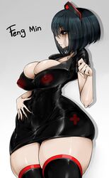 big_breasts black_hair dbd dead_by_daylight eyeshadow feng_min nurse_cap nurse_uniform running_mascara see-through_clothing text thick_thighs thighhighs tight_clothing vroxella