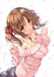 :o aran_sweater bangs blush breasts brown_eyes brown_hair collarbone commentary_request confetti eyebrows_visible_through_hair female fingernails from_above grey_skirt hair_between_eyes hair_ribbon hands_up highres idolmaster idolmaster_cinderella_girls jewelry large_breasts long_sleeves looking_at_viewer looking_up mikagami_mamizu off-shoulder_sweater off_shoulder open_mouth pendant pink_sweater red_ribbon ribbed_sweater ribbon sidelocks skirt sleeves_past_wrists solo streamers sweater totoki_airi twintails white_background