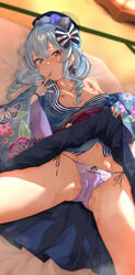 bangs blue_eyes blue_hair blue_headwear blue_kimono blue_nails blush bow braid breasts breasts_out closed_mouth clothes_lift collarbone embarrassed eyebrows_visible_through_hair female fingernails fishnet_gloves fishnets floral_print futon gloves hair_between_eyes hair_ornament hairbow hat hcz_n highres hololive hololive_gen_0 hololive_japan hoshimachi_suisei japanese_clothes kimono kimono_lift long_sleeves lying medium_hair navel nipples on_back open_mouth panties purple_panties sash side-tie_panties small_breasts solo star_(symbol) tatami twin_braids underwear virtual_youtuber wet wet_clothes wet_panties wide_sleeves