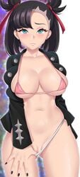 1girls achromaru big_breasts bikini bikini_top black_hair black_nails blue_eyes blush breasts cleavage cowboy_shot female female_only goth hair_ornament hair_ribbon hi_res huge_breasts human imminent_sex innie_pussy jacket large_breasts looking_at_viewer marnie_(pokemon) nail_polish nintendo open_jacket pink_bikini pink_bikini_top pokemon pokemon_ss presenting_pussy pussy ribbons shaved_pussy showing_off skimpy_clothes solo string_bikini swimsuit swimsuit_pull thick_thighs triangle_bikini uncensored wide_hips