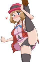 1girls blue_eyes blush breasts brown_hair eye_contact female leg_hold leg_up looking_at_viewer nintendo panties pokemon pokemon_xy reach025 serena_(pokemon) short_hair shy_smile solo splits standing standing_on_one_leg thighhighs thighs vertical_splits white_background