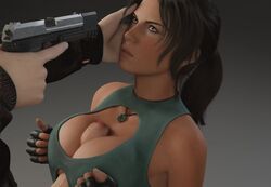 1boy 1girls 3d angry animated at_gunpoint breast_press brown_eyes brown_hair cleavage cleavage_cutout dark_hair death_stare erection eyelashes female female_focus fingerless_gloves firearm forced forced_at_gunpoint foreskin foreskin_folds fully_retracted_foreskin gun_to_head gunpoint handgun holding_weapon human intact lara_croft lara_croft_(survivor) looking_up male moving_foreskin nagoonimation nail_polish no_sound nose_piercing padded_gloves paizuri partial_male partially_retracted_foreskin penis penis_through_fly pistol ponytail rape realistic straight tied_hair titjob tomb_raider tomb_raider_(survivor) uncut unsure veiny_penis video weapon