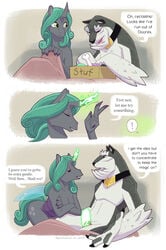 2017 arthropod athletic athletic_male bed breasts canid canon_x_oc changeling cleavage clothed clothing collar comic conditional_dnp dialogue diamond_dog_(mlp) duo english_text equid erection fan_character female friendship_is_magic fudd_(loupgarou) furniture green_hair green_tail grey_body hair hi_res horn loupgarou magic male mammal my_little_pony on_bed queen_chrysalis_(mlp) sexual_barrier_device straight straight_hair text under_covers white_body