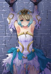 1girls angry armpits big_breasts blonde_hair blue_eyes blush bondage bouncing_breasts bride chains cum cum_on_ground cum_on_wall fire_emblem fire_emblem_heroes fjorm_(bridal)_(fire_emblem) fjorm_(fire_emblem) hirowa_nagi looking_at_viewer lowres multicolored_hair nintendo no_panties restrained short_hair solo solo_female sweat thick_thighs wedding_dress