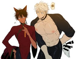 2boys abs bara bara_tits big_breasts big_pecs bitch_bara black_hair chinese_clothes chinese_dress clothed collar crossdressing dark-skinned_femboy dark-skinned_male dark_skin dog_boy dog_ears dog_tail dogboy earrings femboy fox_boy fox_ears fox_tail foxboy gay hand_on_ass hand_on_hip hanfu hybrid interracial leash leash_pull looking_at_another male male_only muscular muscular_male original partially_clothed pecs petplay puffy_nipples puppyplay shrug_(clothing) size_difference skimpy small_dom_big_sub tail tan tokumei toned toned_male white_hair yaoi