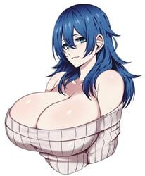 1girls alternate_breast_size big_breasts blue_eyes blue_hair blush breasts byleth_(fire_emblem) byleth_(fire_emblem)_(female) camui_kamui_(hz_666v) cleavage cute female female_only fire_emblem fire_emblem:_three_houses huge_breasts large_breasts light-skinned_female light_skin long_hair nintendo solo source_request sweater