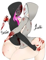 2girls big_ass blood blood_stain dead_by_daylight hoodie huge_breasts julie_kostenko knife mask multiple_girls pink_hair susie_(dead_by_daylight) text vroxella