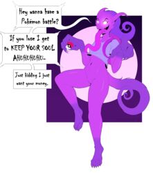 2020 blue_hair bottomless breasts clothed clothing dialogue english_text female genitals glowing glowing_eyes hair haunter hi_res koopacap long_tongue navel nintendo open_mouth pokémon_(species) poke_ball pokemon purple_body pussy shirt simple_background smile solo text tongue topwear video_games