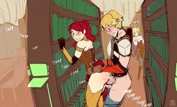 1boy 2girls armlet armored_corset biting_lip blonde_hair blush caught caught_in_the_act corset female from_behind glynda_goodwitch gorget green_eyes high_ponytail human jaune_arc kenno_arkkan library long_hair male multiple_girls penis ponytail public public_sex pyrrha_nikos red_hair rwby sex shiny_hair shiny_skin stealth_sex straight teacher