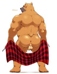 absurd_res anthro anus ass balls belly big_balls big_butt black_muzzle blush brown_body brown_fur canid canine canis clothing digital_media_(artwork) domestic_dog fur genitals hi_res humanoid_hands jumperbear kilt looking_at_viewer looking_back male male_only mammal muscular muscular_anthro muscular_male nipples nub_tail nude overweight overweight_anthro overweight_male pit_bull pj_(pittiepj) presenting presenting_hindquarters short_tail simple_background slightly_chubby solo tan_body tan_fur thick_thighs undressing white_background yellow_eyes