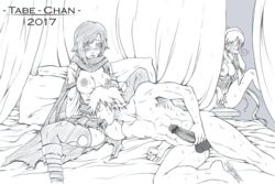 1boy 2girls bed being_watched black_and_white cunnilingus female jaune_arc male masturbation monochrome multiple_girls oral penis ruby_rose rwby tabe-chan tagme watching weiss_schnee