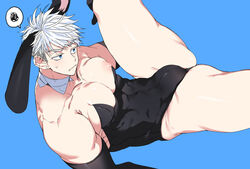 1boy bara big_breasts big_pecs bitch_bara bodysuit breast_squish bulge bunny_boy bunny_ears bunnysuit crossdressing earrings embarrassed gloves leotard long_gloves male_only manly_crossdresser muscular muscular_male nipple_slip oerba_yun_fang one_leg_up original partially_clothed pecs playboy_bunny puffy_nipples solo_male spread_legs thick_thighs thong_leotard tokumei white_hair