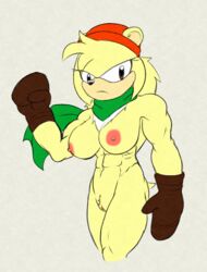 abs anthro bark_the_polar_bear beanie big_breasts breasts brown_eyes clothing female fours_(artist) fur genitals gloves handwear hat headgear headwear hi_res looking_at_viewer mammal muscular muscular_anthro muscular_female nipples pink_nipples pussy rule_63 scarf solo sonic_(series) sonic_the_fighters sonic_the_hedgehog_(series) ursid yellow_body yellow_fur