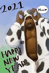 2021 anthro belly bovid bovine brown_body brown_fur cattle chinese_new_year chinese_zodiac fur genitals hi_res holidays humanoid_hands kemono kumamikan male mammal navel new_year onesie overweight overweight_anthro overweight_male ox_(chinese_zodiac) penis pubes solo text year_of_the_ox