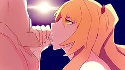 1boy 1girls 2d angel_1776 angel_of_light animated blonde_hair blowjob cum deep_blowjob fellatio fischl_(genshin_impact) genshin_impact green_eyes handjob light-skinned_female light_skin mp4 no_sound oral saliva saliva_string saliva_trail throat_bulge video