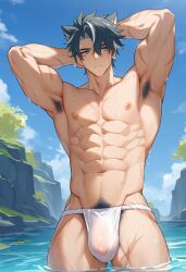 1boy abs ai_generated ai_golden_map arm_behind_head armpit_hair armpits arms_behind_head arms_up balls bara bare_shoulders biceps big_balls big_bulge big_muscles big_penis black_hair blue_eyes bracelet bracelets completely_nude fluffy_hair fundoshi gay gay_male genshin_impact grey_hair hairy_armpits highlights_(coloring) large_breasts large_pectorals male male_focus male_nipples male_only male_pubic_hair muscle muscular muscular_male muscular_thighs nude pecs pectorals penis pubic_hair shirt solo solo_male spread_legs sweat t-shirt testicles triceps uncensored water wet wriothesley_(genshin_impact)