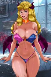 1girls aurora_(sleeping_beauty) blonde_hair cleavage corrupted disney disney_princess horns huge_breasts long_hair looking_at_viewer mshowllet purple_eyes royalty sleeping_beauty_(1959_film) succubus succubus_horns succubus_tail succubus_wings thong