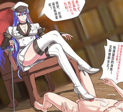 1boy 1girls akame_ga_kill! ballbusting balls big_breasts blue_eyes blue_hair bondage bootjob boots breasts chinese_text clothed_female clothed_female_nude_male cock_and_ball_torture crossed_legs cum cumshot denki_anma dialogue domination dominatrix ejaculation esdeath_(akame_ga_kill!) female femdom footjob high_heels large_breasts looking_down malesub panties penis sadism shoejob sitting sitting_on_throne smile sword thigh_boots thighs throne translation_request very_long_hair xzhz1996