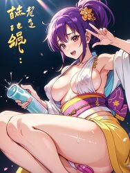 ai_generated big_breasts blush brown_eyes cleavage female female_only gintama hair_ornament idol japanese_clothes kanzashi kimono no_bra obi ponytail purple_hair sideboob solo sweat sweatdrop terakado_tsuu v