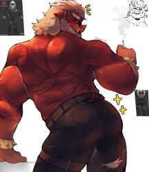 male male_only bara muscles muscular barazoku furry anthro zenless_zone_zero big_daddy_(zenless_zone_zero) sus_(pig) suina facial_hair beard tusks sunglasses white_hair red_skin solo solo_male miauarf cratty_wan shirtless ass sweat sweating cigarette scars back
