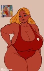 1girls bbw bbw_mom blonde_hair breasts disney eyeshadow female female_only green_eyes hip_dips hips_wider_than_shoulders huge_breasts hyper_breasts jasmine29161093 jazzanna large_breasts lifeguard lifeguard_(lilo_and_stitch) lilo_and_stitch massive_breasts milf milfification navel older_female one-piece_swimsuit simple_background smiling solo solo_female swimsuit tan_skin thick_thighs thighs wide_hips