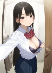 ambiguous_pov beauty_mark_on_breasts black_hair blunt_bangs bowtie bra exposed_breasts expressionless fisheye_lens large_breasts lens long_hair open_clothes open_door pov presenting_breasts reaching_out school_uniform