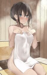 blue_eyes blush breasts brown_hair covered_erect_nipples female hair_tied highres kureha_(ironika) medium_breasts naked_towel original sauna solo towel tsubasa_(kureha)