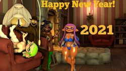 2021 3d bra breasts daybreaksfm femboy green_hair huge_breasts huge_butt indoors inkling inkling_boy inkling_girl lingerie marina_(splatoon) new_year nintendo oc octoling octoling_girl pheromosa pokemon pokemon_(species) pokemon_sm purple_eyes purple_hair rabenda_(oc) rabenda_(solgain) splatoon splatoon_2 thick thick_ass thick_thighs thighhighs yellow_eyes