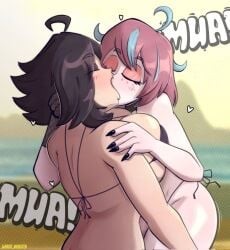 2d big_breasts breasts closed_eyes emikukis jarrot_monster karmavt kissing lesbian lesbian_kiss owozu text tongue_kiss virtual_youtuber white_heart white_hearts youtube youtube_hispanic youtuber youtuber_character youtuber_girl yuri