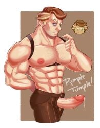 1boy almond_cookie chest_hair cookie_run cookie_run_kingdom cum_leaking dilf erect_penis male male_only muscular older_male rumpletumple1 shirtless solo zipper_down