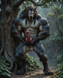 ai_generated canine cum cumming cumshot forest forest_background gay huge_knot jerk_off knot looking_at_viewer male male_only masturbation muscular_male realistic solo werewolf wolf worgen