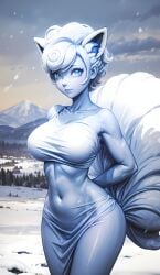 1girls ai_generated alolan_vulpix big_breasts blue_body blue_eyes blue_skin clothing cortezian_generations female fox_ears fox_tail hi_res nintendo patreon pokemon pokemon_(species) pokephilia regional_form_(pokémon) snow solo tail vulpix white_hair