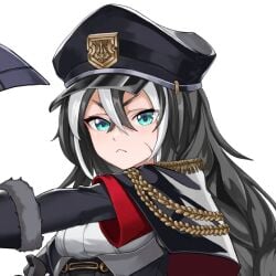 1girls black_capelet black_hair black_hat black_jacket blue_eyes braid capelet closed_mouth epaulettes female female_focus female_only fully_clothed game_cg hair_between_eyes hat jacket last_origin long_hair looking_at_viewer merope_(last_origin) military_hat military_jacket military_uniform multicolored_hair scar scar_on_face single_braid small_breasts solo streaked_hair transparent_background u-rix uniform upper_body white_hair