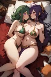 2girls ai_generated allyson_haruhi belly_dancer belly_dancer_outfit bellybutton fox_ears foxgirl green_hair harem harem_girl harem_outfit kissing loincloth pink_hair putple_hair slave_bikini slave_leia slave_leia_(cosplay) slave_outfit tails_power toxicmonkeyz yuri