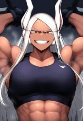 1girl 1girls abs ai_generated armpit armpit_fetish armpit_hair armpits arms_above_head arms_behind_head arms_up bicep biceps boku_no_hero_academia breasts dark-skinned_female dark_skin female female_focus female_only flexing flexing_bicep gloopai grin gym_clothes laugh looking_at_viewer miruko muscular muscular_female my_hero_academia nai_diffusion red_eyes smirk smug sports_bra sportswear steam steaming_body steamy sweat sweatdrop sweating teeth teeth_showing upper_body white_hair