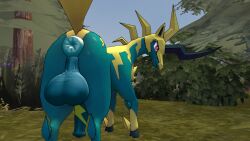 16:9 1boy anus ass balls big_balls big_butt big_penis blue_body equid equine fartoohorny feral feral_only forest genitals hi_res horn horse horsecock huge_cock looking_at_viewer looking_back male mammal mythological_creature mythological_equine mythology pal_(species) palworld penis plant pocketpair puffy_anus red_eyes solo thick_thighs tree unicorn univolt widescreen yellow_body