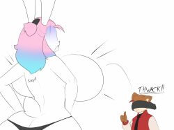 big_ass big_butt black_panties brown_fur feline feline hands_on_hips huge_breasts joji_(rollerlane) peanut_butter_(theycallhimcake) pink_hair proud rabbit red_hair rollerlane wardrobe_malfunction white_fur yellow_eyes