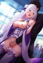 ai_generated elf elf_ears elf_female elf_girl emilia_(re:zero) female fingers_on_pussy flower_in_hair flower_ornament hair_ornament half-elf light-skinned_female light_skin long_hair male male/female medium_breasts natsuki_subaru pointy_ears princess purple_eyes re:zero_kara_hajimeru_isekai_seikatsu royalty silver_hair thighhigh_boots very_long_hair white_hair