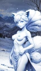 1girls ai_generated alolan_vulpix anthro bare_breasts big_breasts blue_eyes clothing cortezian_generations female fox_ears fox_tail hi_res nintendo nipples patreon pokemon pokemon_(species) pokephilia regional_form_(pokémon) skirt snow solo tail topless vulpix white_body white_hair white_skin