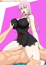 1boy 1girls ahe_gao anime_style big_breasts cowgirl_position dress grabbing_breasts hololive hololive_english hololive_myth mori_calliope nails_painted open_mouth panties_aside pink_hair red_eyes thematti123 vaginal_penetration virtual_youtuber vtuber youtuber